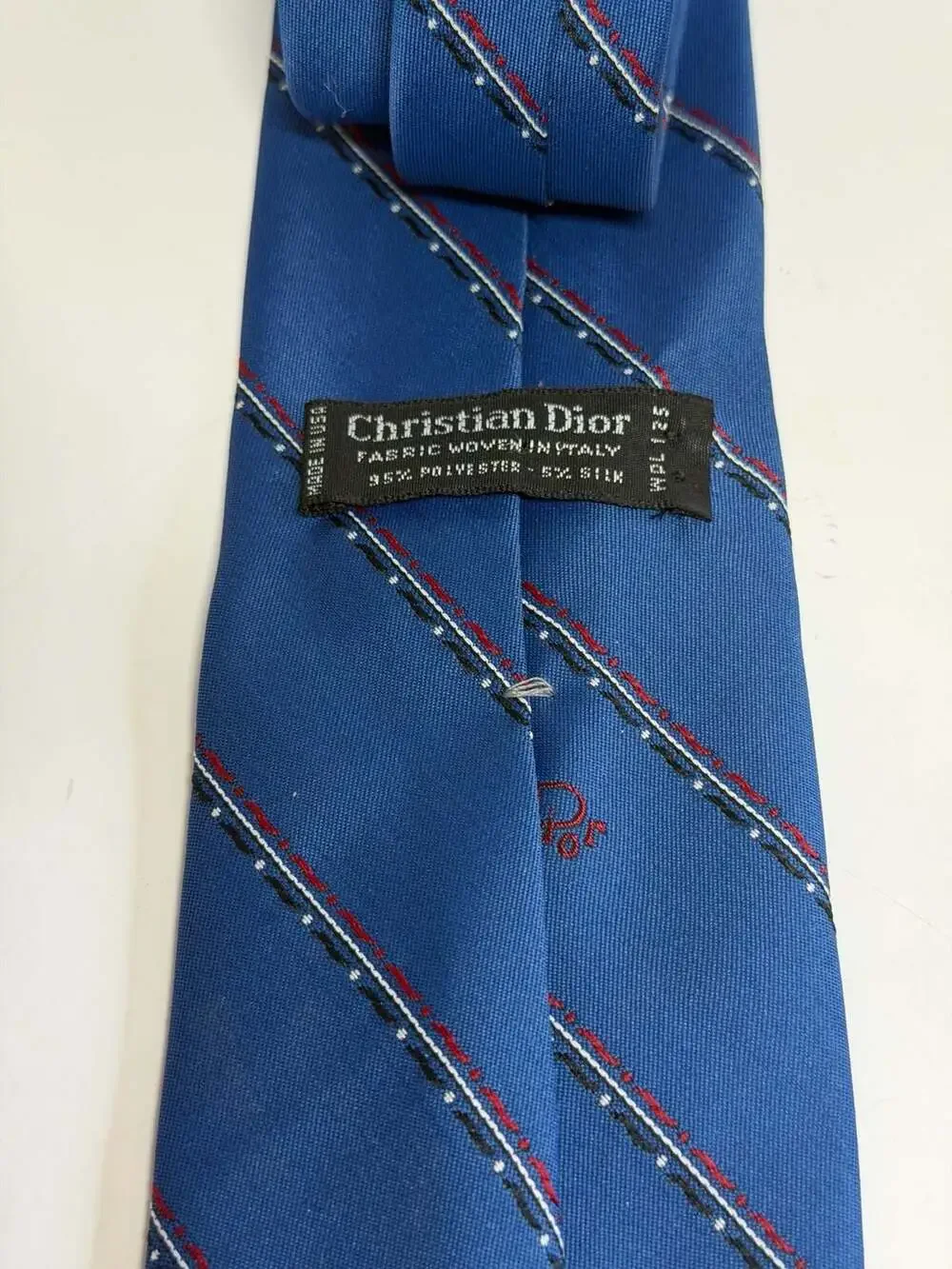 Vintage Christian Dior Blue Necktie with Embroidered Logo and Red/Black/White St